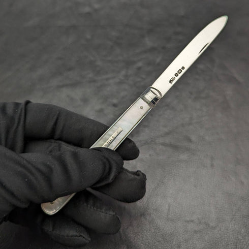 1890 British Antique White Pearl Shell Handle Pure Silver Blade Folding Pen Knife